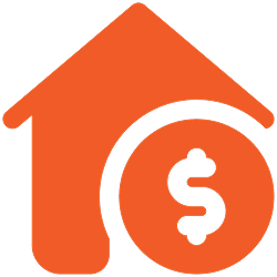 An orange icon of a house with a circle with a dollar sign inside it.