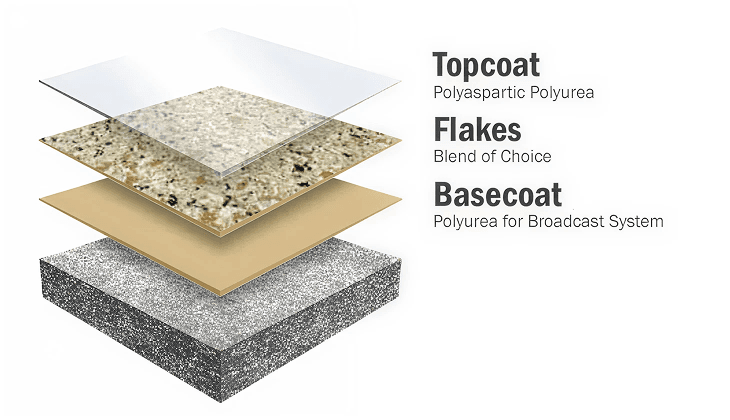 An illustration of the different layers for a chip concrete coating.